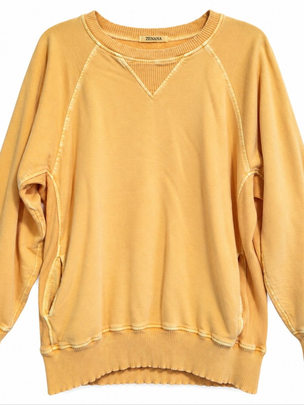 Zenana Women's Large Washed Yellow Cotton Oversized Raglan Sweatshirt